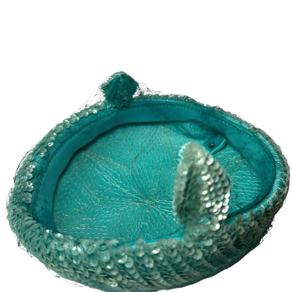 Baby Blue Teal All Sequins Flower Vintage Hat Sequin Cap – Star Pattern - Picture 6 of 7